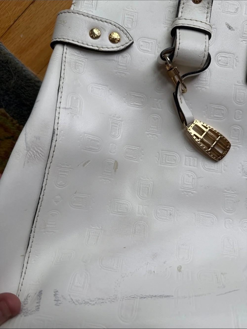 Kem White Embossed Tote Bag with Gold Hardware